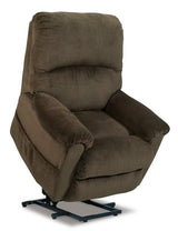 Chocolate fabric power lift recliner angled upright position