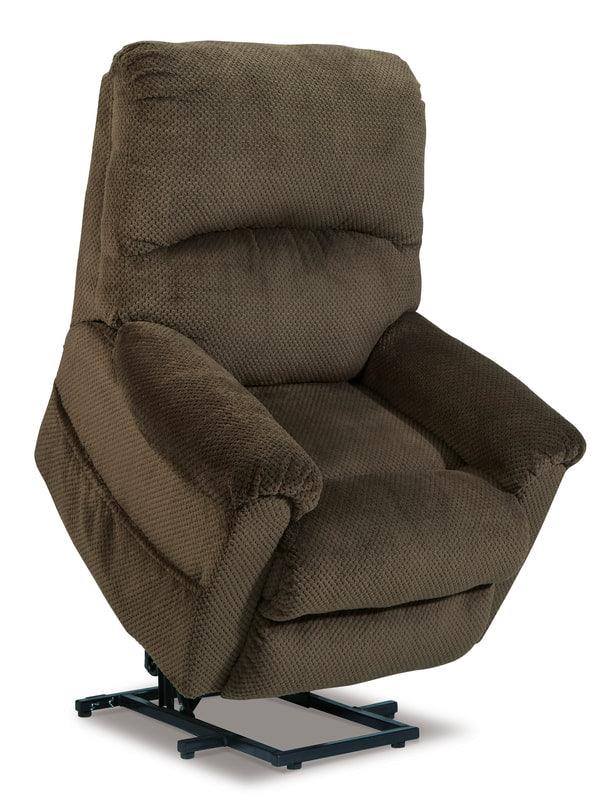 Chocolate fabric power lift recliner angled upright position