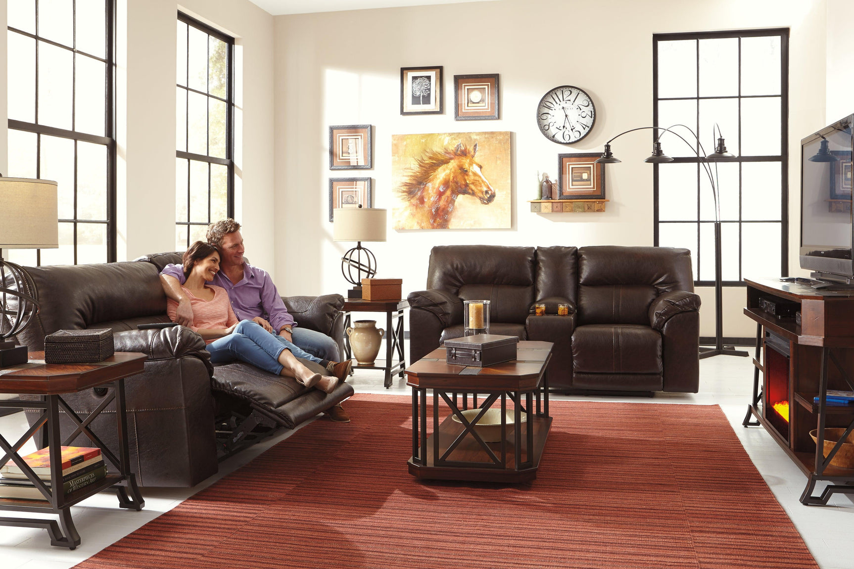 Media center with electric fireplace insert above storage