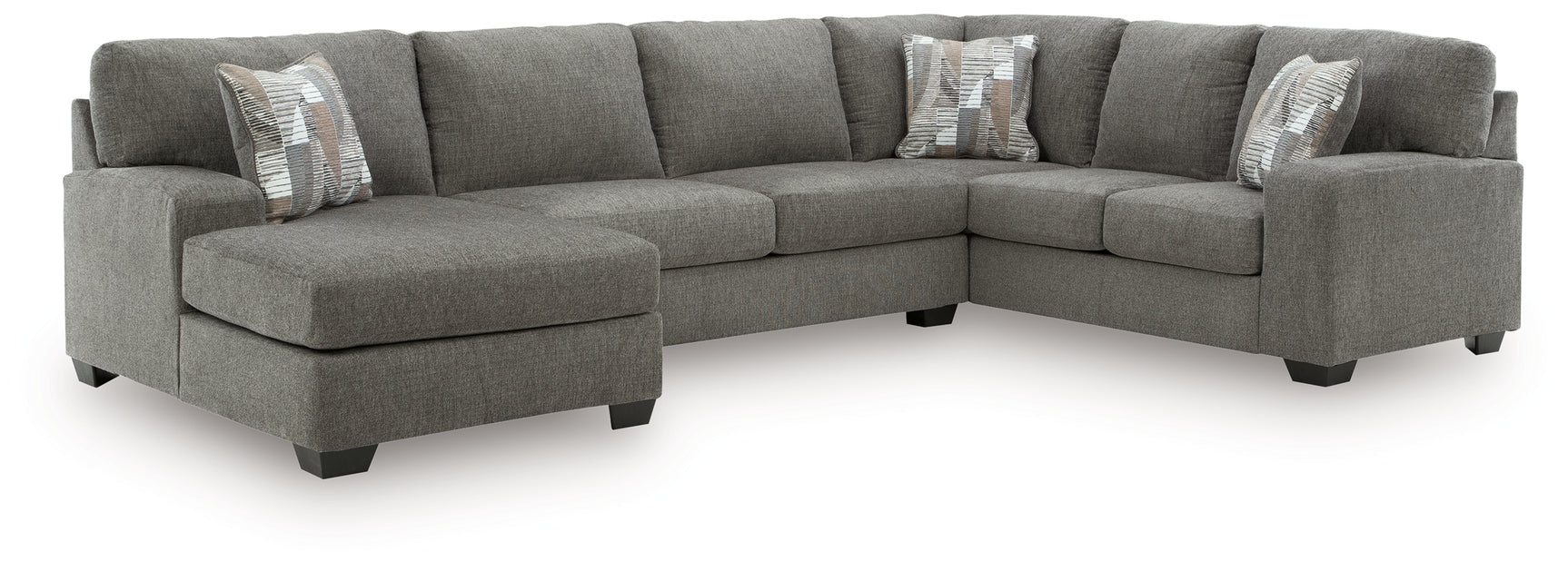 Front angle of Clarington Greystone Chenille 3-Piece Sectional Sofa with Chaise