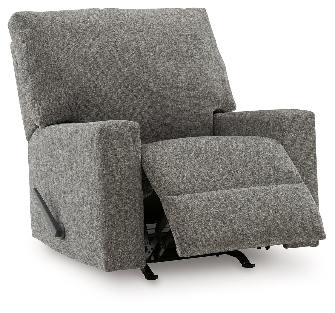 Clarington Greystone Chenille Recliner in reclining position