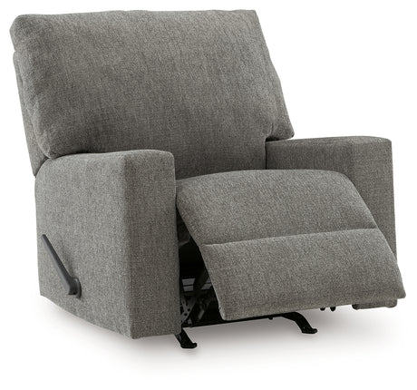Clarington Greystone Chenille Recliner in reclining position