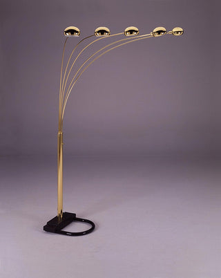 Peacock arc floor lamp with gold shade, angled view