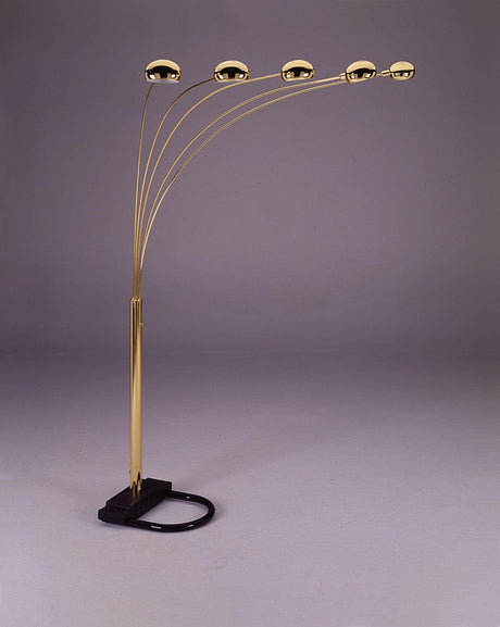 Peacock arc floor lamp with gold shade, angled view