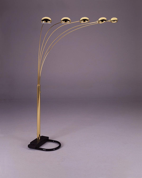 Peacock arc floor lamp with gold shade, angled view