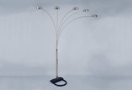 Peacock arc floor lamp with pewter shade, side view