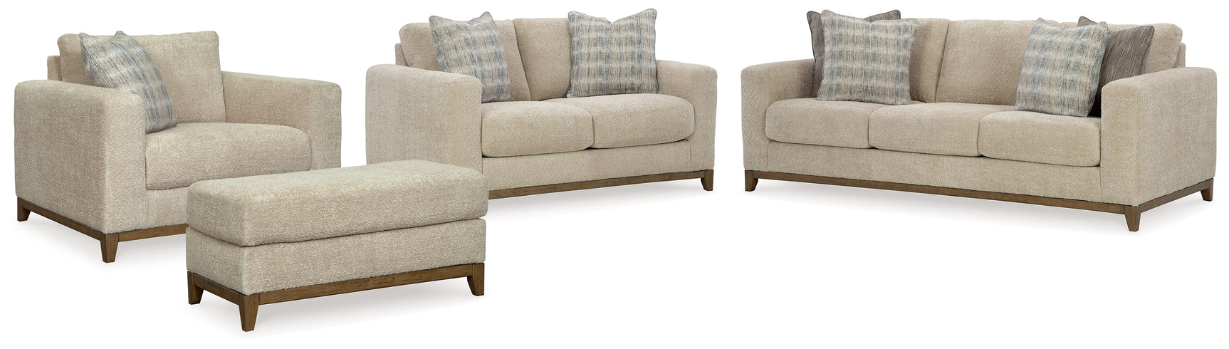 Side view of Parklynn Desert sofa, loveseat, chair and ottoman