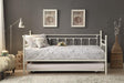 Lorena White Metal Daybed with trundle, decorative finials visible