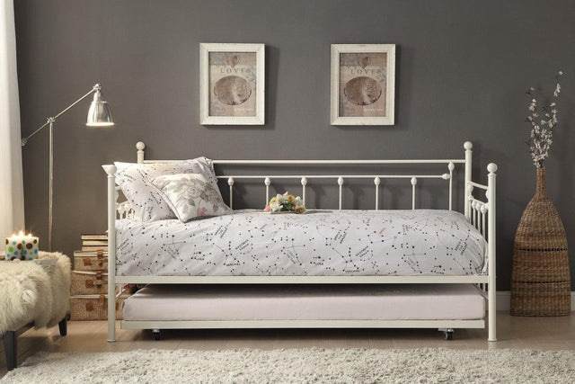 Lorena White Metal Daybed with trundle, decorative finials visible