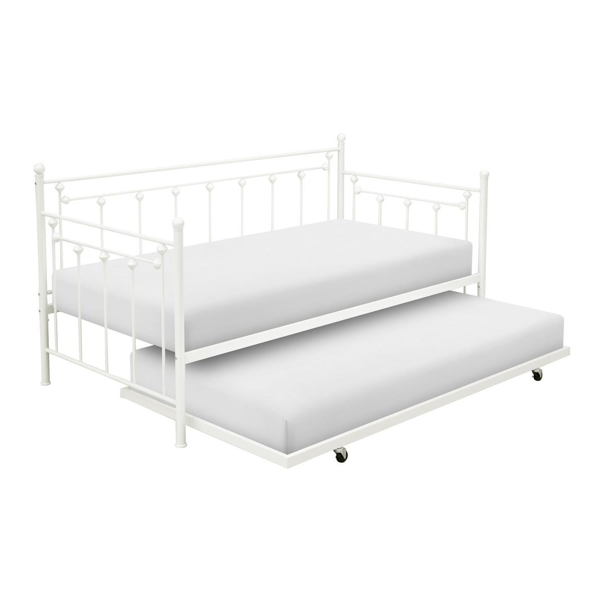 Lorena White Metal Daybed with trundle open, side angle