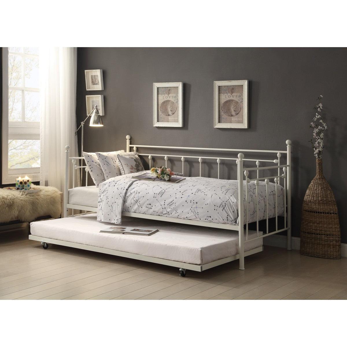 Lorena White Metal Daybed with trundle fully extended, front angle