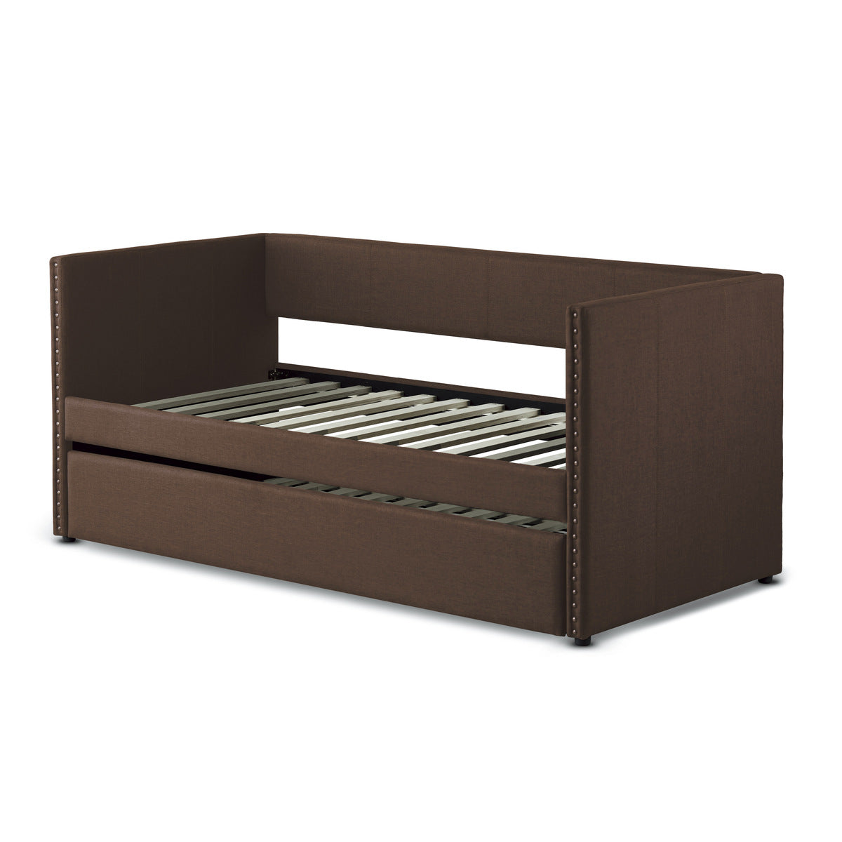 Side view of Therese upholstered daybed in chocolate brown