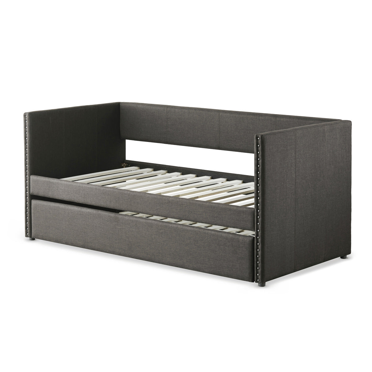 Side view of Therese gray upholstered daybed with nailhead trim