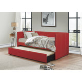 Open trundle bed beneath red daybed
