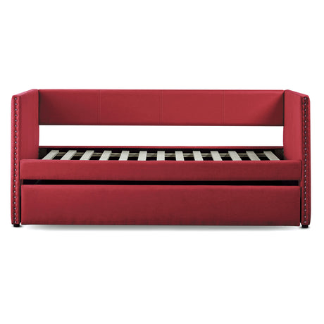 Red upholstered daybed front view