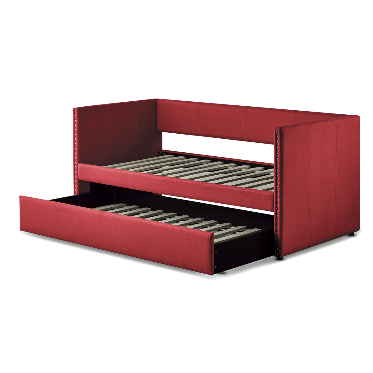 Red daybed angled showing wooden frame and trundle