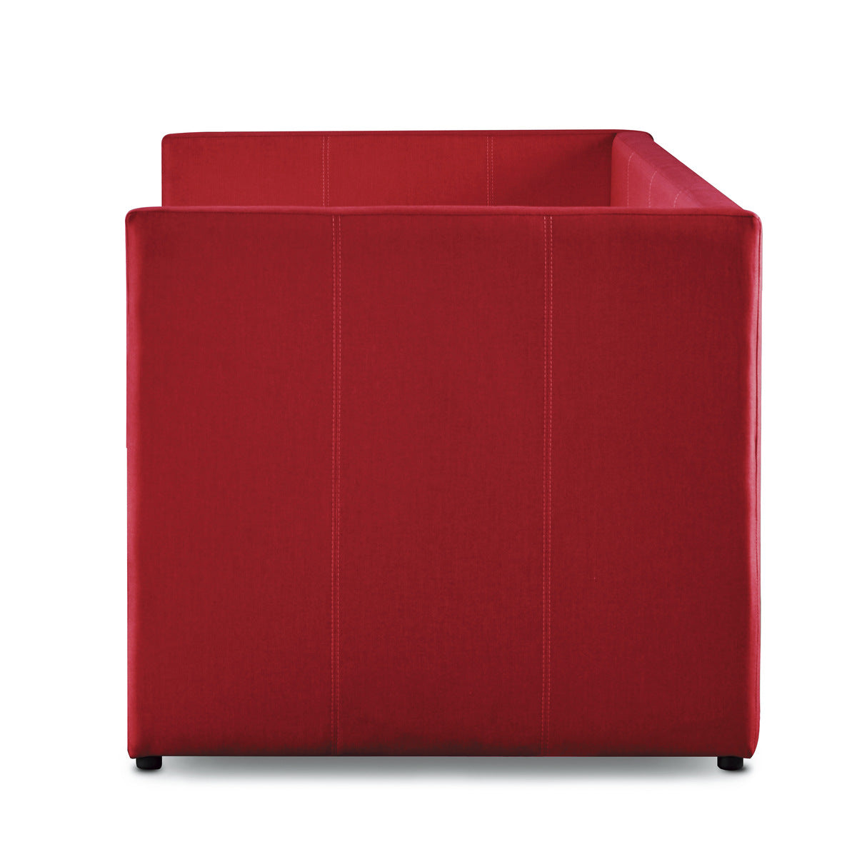 Close-up of red fabric upholstery and nailhead trim
