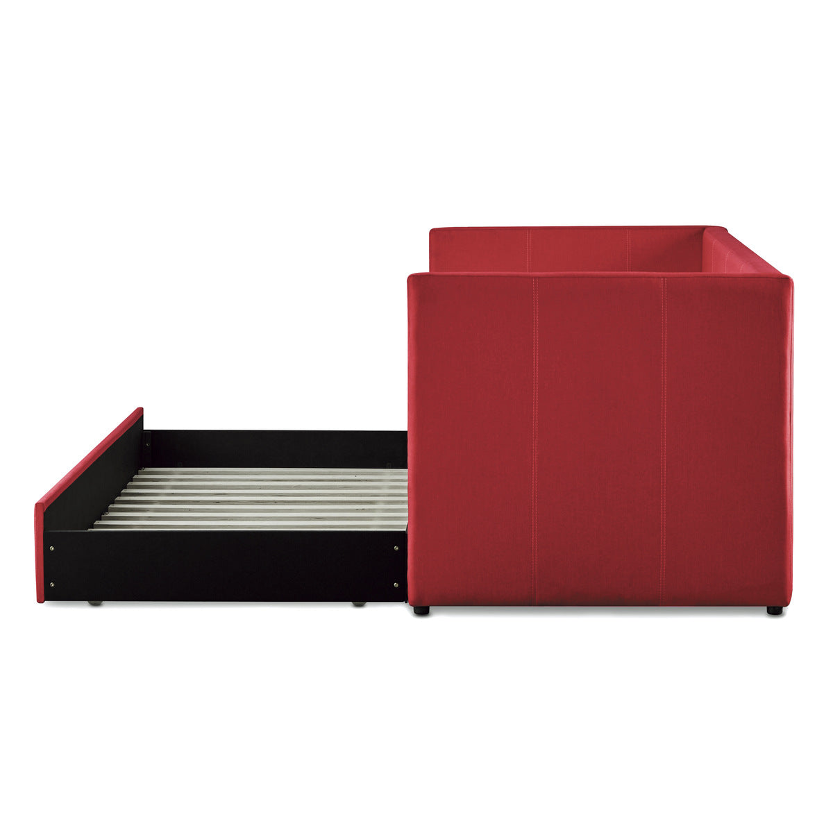 Red upholstered daybed with trundle top view