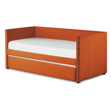 Close-up of orange fabric upholstery and nailhead trim
