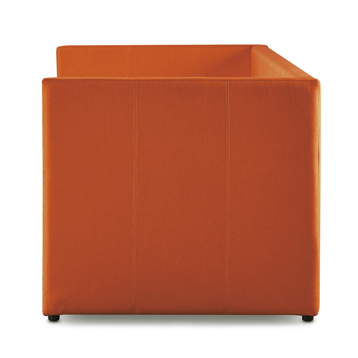 Side view of orange upholstered daybed with trundle