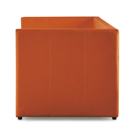 Side view of orange upholstered daybed with trundle