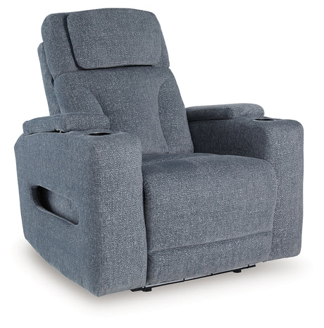 Side angle of Studio Cave Steel Power Recliner showing upholstery texture