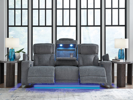 Drop-down table with LED reading lights and cup holders