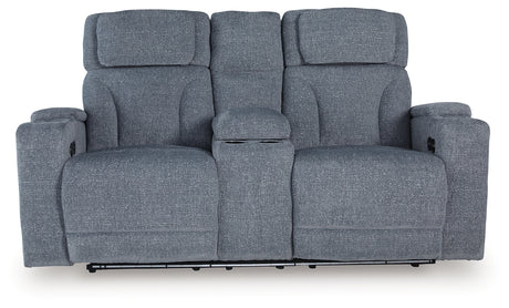 Side view of loveseat showing extended ottoman and LED lighting