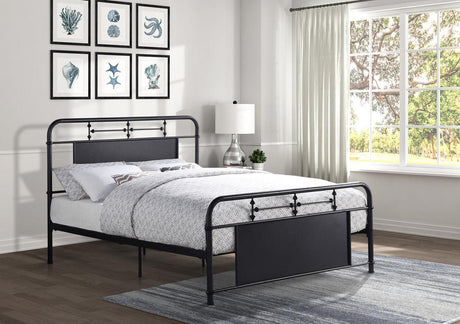 Blanchard Mottled Silver Metal Queen Platform Bed with tufted headboard