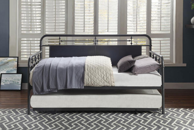 Side view of Blanchard Mottled Silver Metal Daybed with Trundle
