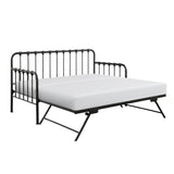Close-up of black metal daybed frame and lift-up mechanism