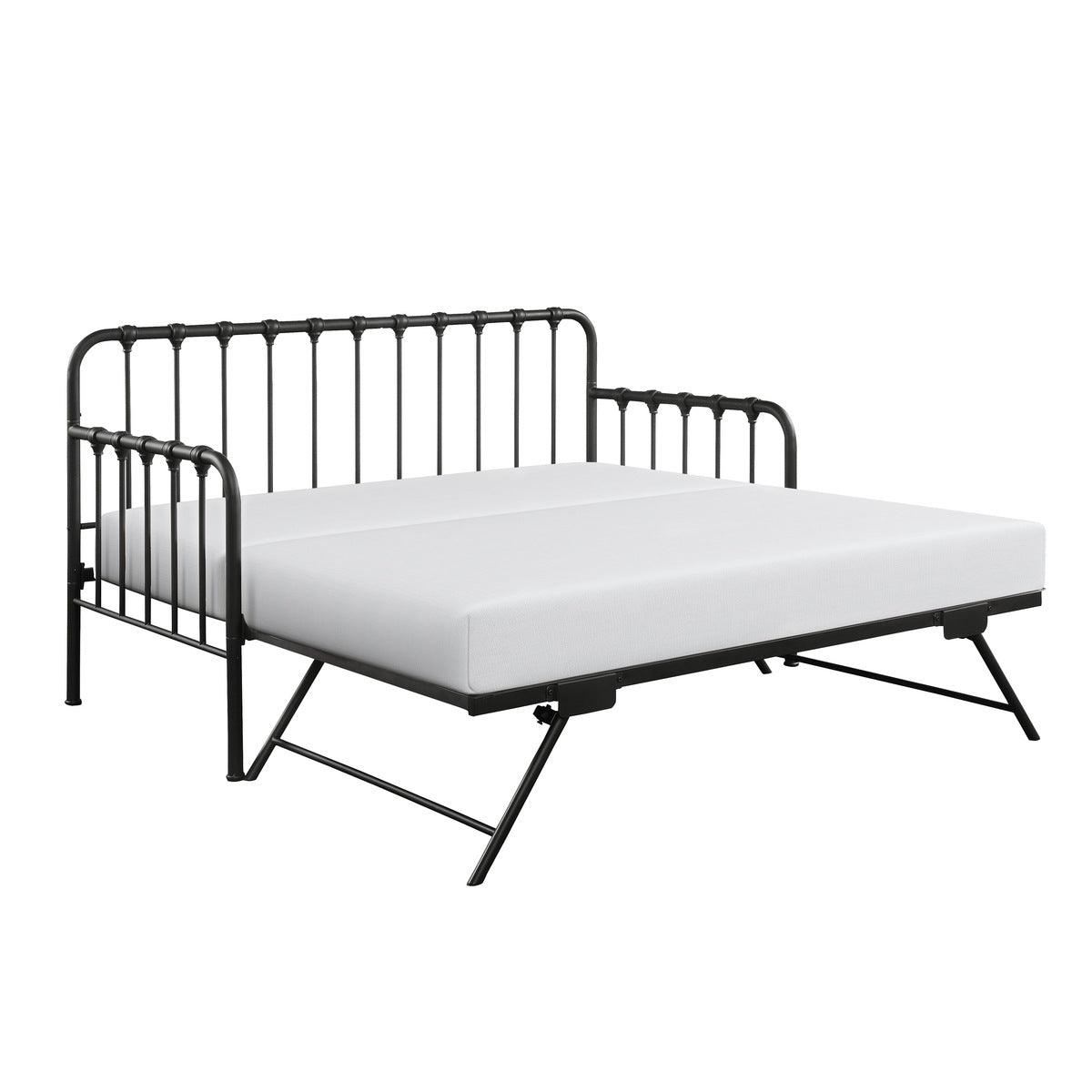 Close-up of black metal daybed frame and lift-up mechanism