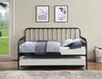 Side view of black metal lift-up trundle daybed showing trundle position