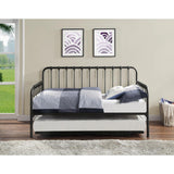 Side view of black metal lift-up trundle daybed showing trundle position