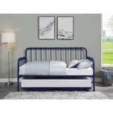 Close-up of navy blue metal frame and slatted bed base
