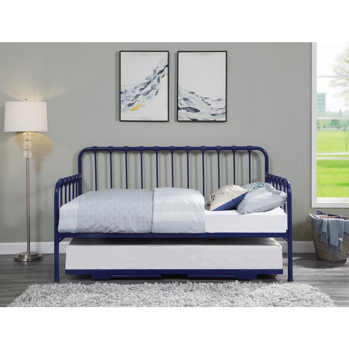 Close-up of navy blue metal frame and slatted bed base
