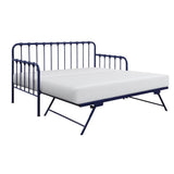 Constance navy blue metal daybed with open lift-up trundle