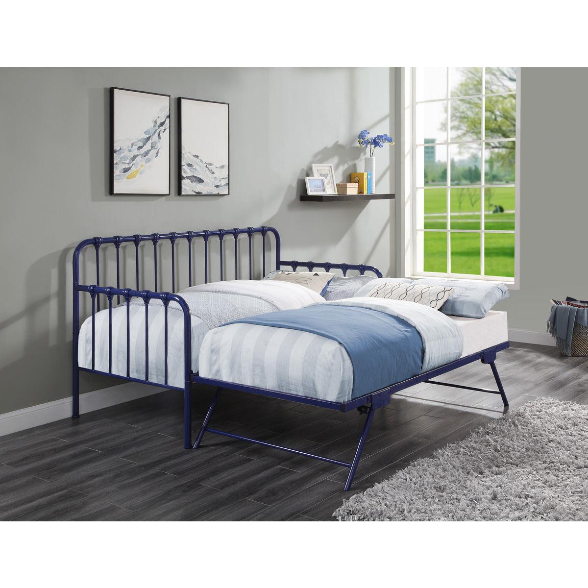 Daybed with trundle extended and visible folding legs