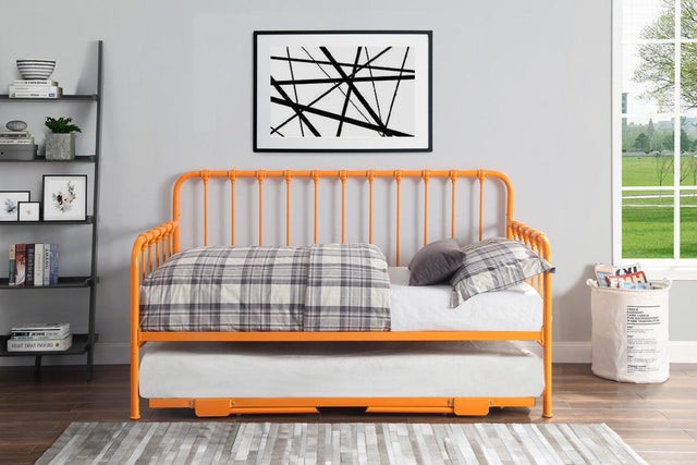 Side view of Constance Orange Metal Daybed with trundle