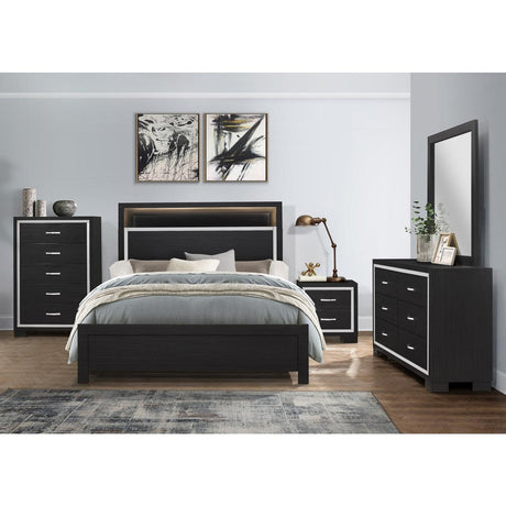 Front view of Bellante Black queen bedroom set with bed and dresser
