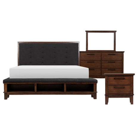 Brown Upholstered Tufted Queen Panel Bedroom Set viewed from front angle