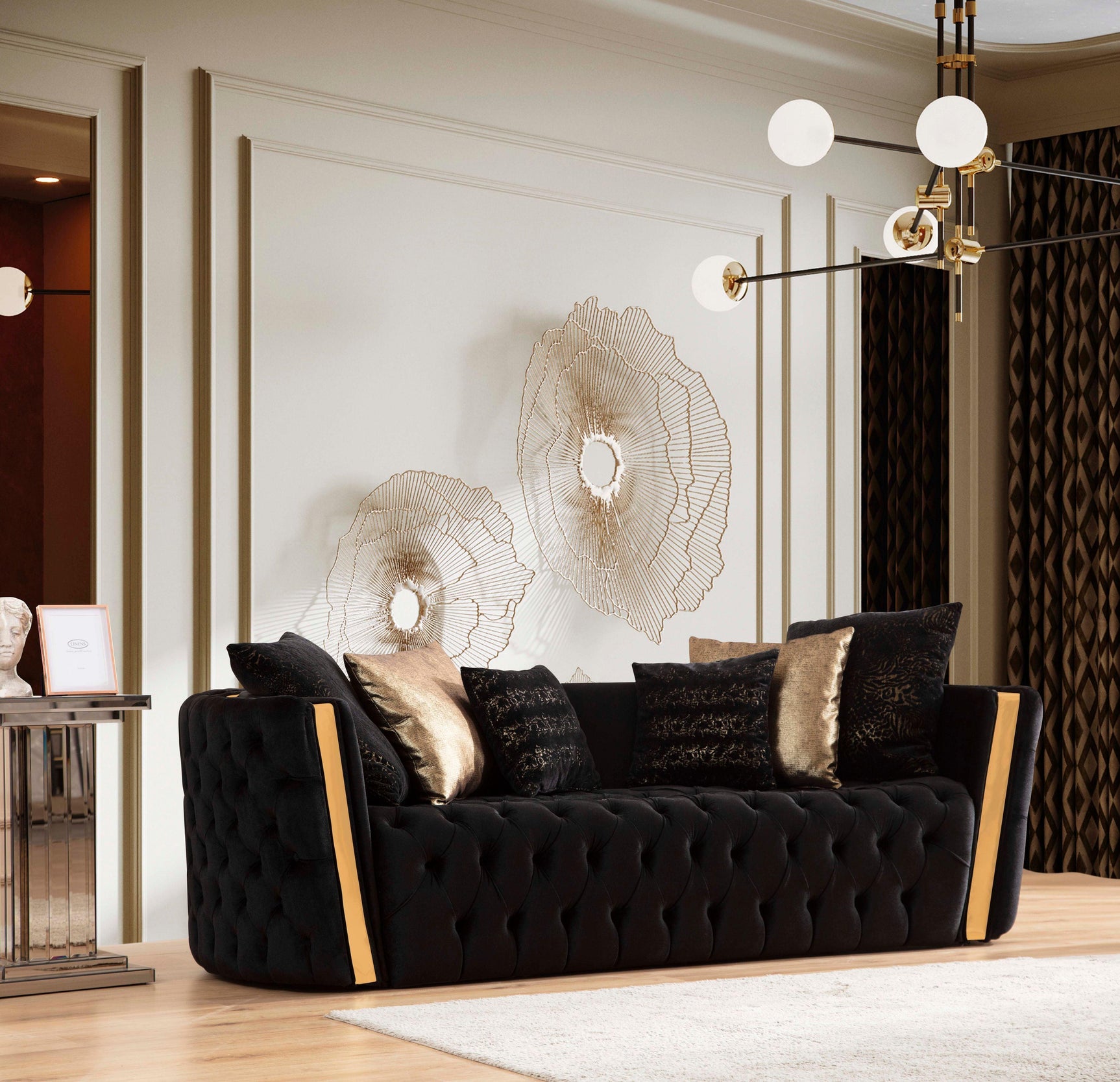 Alternative angle of Sofia Black Velvet Sofa and Loveseat