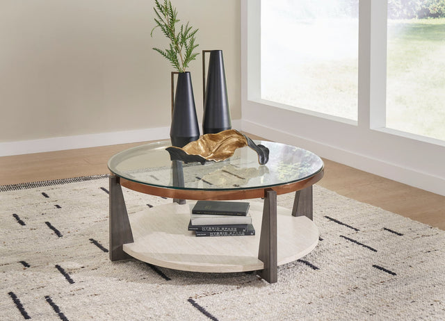 Glass-Top Coffee Table with Faux Travertine and Gold-Tone Frame — product view