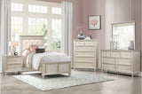 Celandine Pearl Faux Leather Tufted Youth Bedroom Set front view with queen bed and dresser
