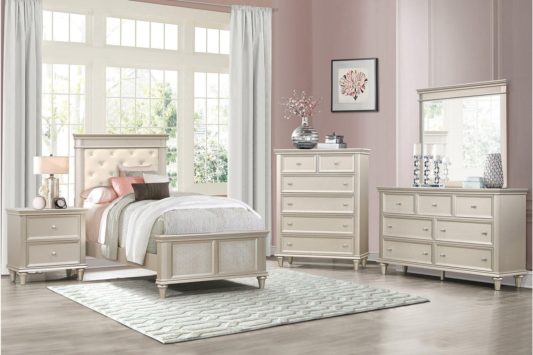 Celandine Pearl Faux Leather Tufted Youth Bedroom Set front view with queen bed and dresser