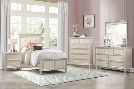 Celandine Pearl Faux Leather Tufted Youth Bedroom Set front view with queen bed and dresser