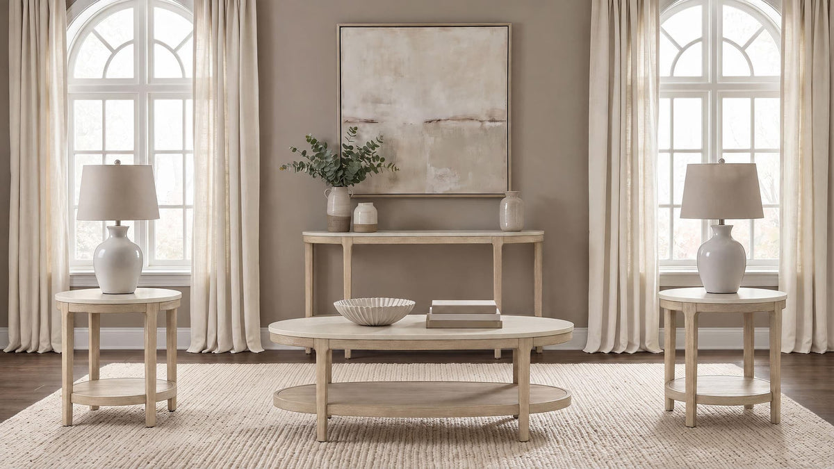 Lucaire Round Cultured Marble Top End Table Honed Cream and Sandstone — product image 8