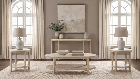 Lucaire Round Cultured Marble Top End Table Honed Cream and Sandstone — product image 8