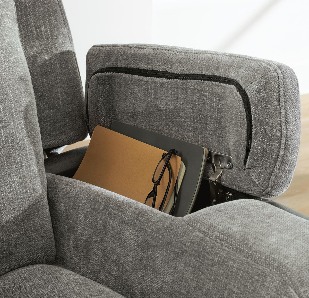 Mixed Motion Shadow Chenille / Faux Leather Power Recliner — detail view