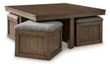 Brown Coffee Table with Stools — angled view